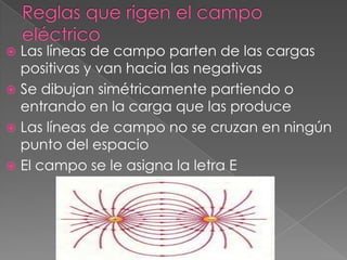  Las líneas de campo parten de las cargas
  positivas y van hacia las negativas
 Se dibujan simétricamente partiendo o
  entrando en la carga que las produce
 Las líneas de campo no se cruzan en ningún
  punto del espacio
 El campo se le asigna la letra E
 