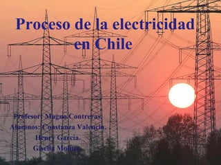 Proceso de la electricidad
en Chile
Profesor: Magno Contreras.
Alumnos: Constanza Valencia.
Henry García.
Gisella Molina.
 