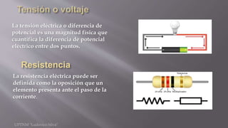 La tensión eléctrica o diferencia de
potencial es una magnitud física que
cuantifica la diferencia de potencial
eléctrico entre dos puntos.
UPTNM "Ludovico Silva"
La resistencia eléctrica puede ser
definida como la oposición que un
elemento presenta ante el paso de la
corriente.
 