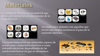 UPTNM "Ludovico Silva"
Un conductor eléctrico es un material que
ofrece poca resistencia al movimiento de la
carga eléctrica
Los materiales aislantes son aquellos que
tienen una amplia resistencia al paso de la
corriente eléctrica
Los semiconductores son materiales capaces de
actuar como conductores eléctricos o como
aislantes eléctricos, dependiendo de las
condiciones físicas en que se encuentren.
 