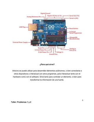 ¿Para qué sirve?
Arduino se puede utilizar para desarrollar elementos autónomos, o bien conectarse a
otros dispositivos o interactuar con otros programas, para interactuar tanto con el
hardware como con el software. Sirve tanto para controlar un elemento, o bien para
transformar la información de una fuente.
5
Taller: Problemas 1 y 2
 