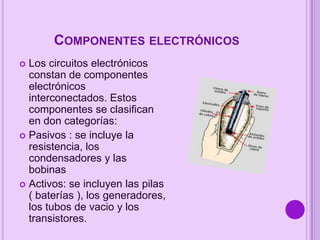 COMPONENTES ELECTRÓNICOS
Los circuitos electrónicos
constan de componentes
electrónicos
interconectados. Estos
componentes se clasifican
en don categorías:
 Pasivos : se incluye la
resistencia, los
condensadores y las
bobinas
 Activos: se incluyen las pilas
( baterías ), los generadores,
los tubos de vacio y los
transistores.


 