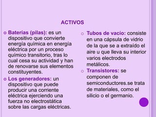 ACTIVOS
Baterías (pilas): es un
dispositivo que convierte
energía química en energía
eléctrica por un proceso
químico transitorio, tras lo
cual cesa su actividad y han
de renovarse sus elementos
constituyentes.
 Los generadores: un
dispositivo que puede
producir una corriente
eléctrica ejerciendo una
fuerza no electrostática
sobre las cargas eléctricas.


o Tubos de vacío: consiste
en una cápsula de vidrio
de la que se a extraído el
aire u que lleva su interior
varios electrodos
metálicos.
o Transistores: se
componen de
semiconductores.se trata
de materiales, como el
silicio o el germanio.

 