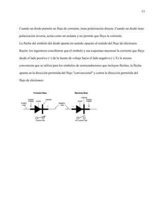 13
Cuando un diodo permite un flujo de corriente, tiene polarización directa. Cuando un diodo tiene
polarización inversa, actúa como un aislante y no permite que fluya la corriente.
La flecha del símbolo del diodo apunta en sentido opuesto al sentido del flujo de electrones.
Razón: los ingenieros concibieron que el símbolo y sus esquemas muestran la corriente que fluye
desde el lado positivo (+) de la fuente de voltaje hacia el lado negativo (-). Es la misma
convención que se utiliza para los símbolos de semiconductores que incluyen flechas; la flecha
apunta en la dirección permitida del flujo "convencional" y contra la dirección permitida del
flujo de electrones.
 