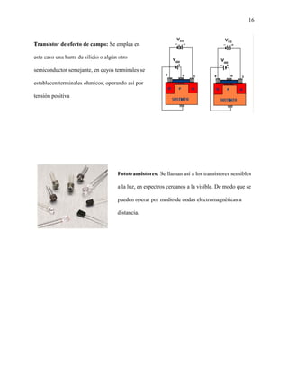 16
Transistor de efecto de campo: Se emplea en
este caso una barra de silicio o algún otro
semiconductor semejante, en cuyos terminales se
establecen terminales óhmicos, operando así por
tensión positiva
Fototransistores: Se llaman así a los transistores sensibles
a la luz, en espectros cercanos a la visible. De modo que se
pueden operar por medio de ondas electromagnéticas a
distancia.
 