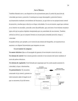 20
Servo Motores
También llamado servo, son dispositivos de accionamiento para el control de precisión de
velocidad, par motor y posición. Constituyen un mejor desempeño y precisión frente a
accionamientos mediante convertidores de frecuencia, ya que éstos no nos proporcionan control
de posición y resultan poco efectivos en bajas velocidades. Es un servomotor, aquel que contiene
en su interior un enconder, conocido como decodificador, que convierte el movimiento mecánico
(giros del eje) en pulsos digitales interpretados por un controlador de movimiento. También
utilizan un driver, que en conjunto forman un circuito para comandar posición, torque y
velocidad.
Se puede utilizar, por ejemplo, en el zoom de una cámara de fotografías, en la puerta de un
ascensor o en algunas herramientas que tengamos en casa.
Un servomotor lo compone:
Un motor eléctrico: Que es el encargado de generar el movimiento a través de su eje.
Un sistema de control: Este sistema permite controlar el movimiento del motor mediante el
envío de pulsos eléctricos.
Un sistema de regulación: Está formado por engranajes por los cuales puede aumentar la
velocidad y el par o disminuirlas.
Un potenciómetro: Se encuentra
conectado al eje central y permite en
todo momento saber el ángulo en el
que se encuentra el eje del motor.
 