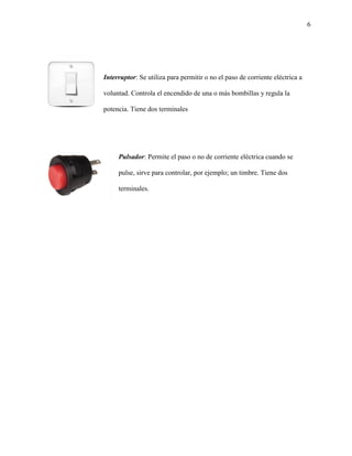 6
Interruptor: Se utiliza para permitir o no el paso de corriente eléctrica a
voluntad. Controla el encendido de una o más bombillas y regula la
potencia. Tiene dos terminales
Pulsador: Permite el paso o no de corriente eléctrica cuando se
pulse, sirve para controlar, por ejemplo; un timbre. Tiene dos
terminales.
 