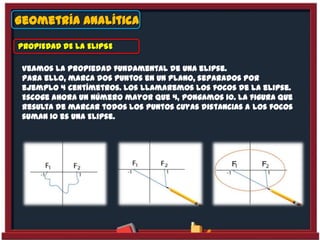 Geometría Analítica
Veamos la propiedad fundamental de una elipse.
Para ello, marca dos puntos en un plano, separados por
ejemplo 4 centímetros. Los llamaremos los focos de la elipse.
Escoge ahora un número mayor que 4, pongamos 10. La figura que
resulta de marcar todos los puntos cuyas distancias a los focos
suman 10 es una Elipse.
PROPIEDAD DE LA ELIPSE
 