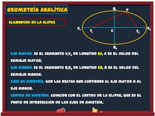 Geometría Analítica
ELEMENTOS DE LA ELIPSE
Eje mayor. Es el segmento V1V2 de longitud 2a, a es el valor del
semieje mayor.
Eje menor. Es el segmento B1B2 de longitud 2b, b es el valor del
semieje menor.
Ejes de simetría. Son las rectas que contienen al eje mayor o al
eje menor.
Centro de simetría. Coincide con el centro de la elipse, que es el
punto de intersección de los ejes de simetría.
P
F1 F2
B2
B1
V1
C
V2
 