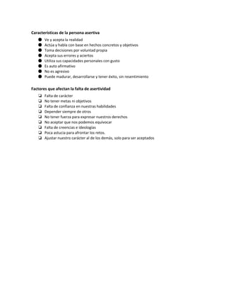 Características de la persona asertiva
● Ve y acepta la realidad
● Actúa y habla con base en hechos concretos y objetivos
● Toma decisiones por voluntad propia
● Acepta sus errores y aciertos
● Utiliza sus capacidades personales con gusto
● Es auto afirmativo
● No es agresivo
● Puede madurar, desarrollarse y tener éxito, sin resentimiento
Factores que afectan la falta de asertividad
❏ Falta de carácter
❏ No tener metas ni objetivos
❏ Falta de confianza en nuestras habilidades
❏ Depender siempre de otros
❏ No tener fuerza para expresar nuestros derechos
❏ No aceptar que nos podemos equivocar
❏ Falta de creencias e ideologías
❏ Poca astucia para afrontar los retos.
❏ Ajustar nuestro carácter al de los demás, solo para ser aceptados
 