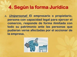 4. Según la forma Jurídica
a. Unipersonal: El empresario o propietario,
 persona con capacidad legal para ejercer el
 comercio, responde de forma ilimitada con
 todo su patrimonio ante las personas que
 pudieran verse afectadas por el accionar de
 la empresa.
 