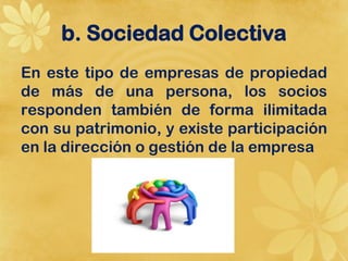 b. Sociedad Colectiva
En este tipo de empresas de propiedad
de más de una persona, los socios
responden también de forma ilimitada
con su patrimonio, y existe participación
en la dirección o gestión de la empresa
 