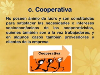 c. Cooperativa
No poseen ánimo de lucro y son constituidas
para satisfacer las necesidades o intereses
socioeconómicos de los cooperativistas,
quienes también son a la vez trabajadores, y
en algunos casos también proveedores y
clientes de la empresa.
 