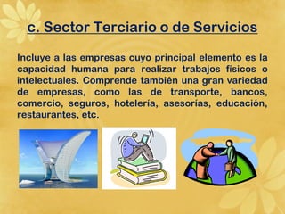 c. Sector Terciario o de Servicios

Incluye a las empresas cuyo principal elemento es la
capacidad humana para realizar trabajos físicos o
intelectuales. Comprende también una gran variedad
de empresas, como las de transporte, bancos,
comercio, seguros, hotelería, asesorías, educación,
restaurantes, etc.
 