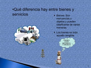 •Qué diferencia hay entre bienes y
servicios               Bienes: Son
                          mercancías u
                          objetos y pueden
                          clasificarse de varias
                          maneras.
                         Los bienes es todo
                          aquello tangible.




                                                   •3
 