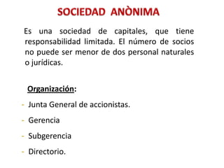 Es una sociedad de capitales, que tiene
responsabilidad limitada. El número de socios
no puede ser menor de dos personal naturales
o jurídicas.


 Organización:
- Junta General de accionistas.
- Gerencia
- Subgerencia
- Directorio.
 