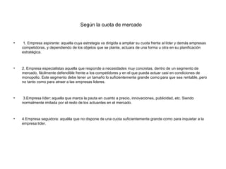 Según la cuota de mercado


•    1. Empresa aspirante: aquella cuya estrategia va dirigida a ampliar su cuota frente al líder y demás empresas
    competidoras, y dependiendo de los objetos que se plante, actuara de una forma u otra en su planificación
    estratégica.



•   2. Empresa especialistas aquella que responde a necesidades muy concretas, dentro de un segmento de
    mercado, fácilmente defendible frente a los competidores y en el que pueda actuar casi en condiciones de
    monopolio. Este segmento debe tener un tamaño lo suficientemente grande como para que sea rentable, pero
    no tanto como para atraer a las empresas lideres.



•   3.Empresa líder: aquella que marca la pauta en cuanto a precio, innovaciones, publicidad, etc. Siendo
    normalmente imitada por el resto de los actuantes en el mercado.



•   4.Empresa seguidora: aquélla que no dispone de una cuota suficientemente grande como para inquietar a la
    empresa líder.
 