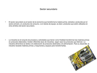 Sector secundario




•   El sector secundario es el sector de la economía que transforma la materia prima, extraída o producida por el
    sector primario, en productos de consumo, o en bienes de equipo, es decir, productos que serán utilizados en
    otros ámbitos del sector secundario.




•   La industria es el conjunto de procesos y actividades que tienen como finalidad transforman las materias primas
    en productos elaborados. Existen diferentes tipos de industrias, según sean los productos que fabrican. La
    industria alimenticia se dedica a la elaboración de productos destinados a la alimentación. Para su desarrollo, la
    industria necesita materias primas y maquinarias y equipos para transformarlas.
 