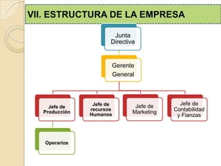 VII. ESTRUCTURA DE LA EMPRESA
Junta
Directiva
Gerente
General
Jefe de
Producción
Operarios
Jefe de
recursos
Humanos
Jefe de
Marketing
Jefe de
Contabilidad
y Fianzas
 