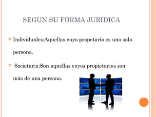 SEGUN SU FORMA JURIDICA
 Individuales:Aquellas cuyo propetario es una sola
persona.
 Societaria:Son aquellas cuyos propietarios son
más de una persona.
 