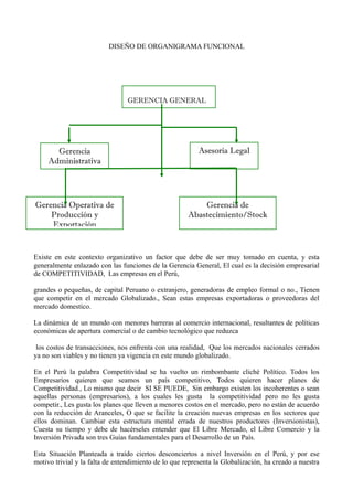 DISEÑO DE ORGANIGRAMA FUNCIONAL
Existe en este contexto organizativo un factor que debe de ser muy tomado en cuenta, y esta
generalmente enlazado con las funciones de la Gerencia General, El cual es la decisión empresarial
de COMPETITIVIDAD, Las empresas en el Perú,
grandes o pequeñas, de capital Peruano o extranjero, generadoras de empleo formal o no., Tienen
que competir en el mercado Globalizado., Sean estas empresas exportadoras o proveedoras del
mercado domestico.
La dinámica de un mundo con menores barreras al comercio internacional, resultantes de políticas
económicas de apertura comercial o de cambio tecnológico que reduzca
los costos de transacciones, nos enfrenta con una realidad, Que los mercados nacionales cerrados
ya no son viables y no tienen ya vigencia en este mundo globalizado.
En el Perú la palabra Competitividad se ha vuelto un rimbombante cliché Político. Todos los
Empresarios quieren que seamos un país competitivo, Todos quieren hacer planes de
Competitividad., Lo mismo que decir SI SE PUEDE, Sin embargo existen los incoherentes o sean
aquellas personas (empresarios), a los cuales les gusta la competitividad pero no les gusta
competir., Les gusta los planes que lleven a menores costos en el mercado, pero no están de acuerdo
con la reducción de Aranceles, O que se facilite la creación nuevas empresas en los sectores que
ellos dominan. Cambiar esta estructura mental errada de nuestros productores (Inversionistas),
Cuesta su tiempo y debe de hacérseles entender que El Libre Mercado, el Libre Comercio y la
Inversión Privada son tres Guías fundamentales para el Desarrollo de un País.
Esta Situación Planteada a traído ciertos desconciertos a nivel Inversión en el Perú, y por ese
motivo trivial y la falta de entendimiento de lo que representa la Globalización, ha creado a nuestra
GERENCIA GENERAL
Gerencia
Administrativa
Asesoria Legal
Gerencia Operativa de
Producción y
Exportación
Gerencia de
Abastecimiento/Stock
 