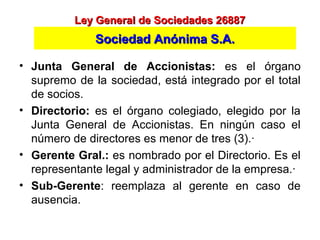 • Junta General de Accionistas: es el órgano
supremo de la sociedad, está integrado por el total
de socios.
• Directorio: es el órgano colegiado, elegido por la
Junta General de Accionistas. En ningún caso el
número de directores es menor de tres (3).·
• Gerente Gral.: es nombrado por el Directorio. Es el
representante legal y administrador de la empresa.·
• Sub-Gerente: reemplaza al gerente en caso de
ausencia.
Ley General de Sociedades 26887Ley General de Sociedades 26887
Sociedad Anónima S.A.Sociedad Anónima S.A.
 