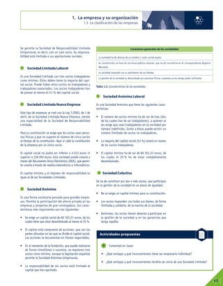 Se permite la Sociedad de Responsabilidad Limitada
Unipersonal, es decir, con un solo socio. Su responsa-
bilidad está limitada a sus aportaciones sociales.
Sociedad Limitada Laboral
Es una Sociedad Limitada con tres socios trabajadores
como mínimo. Éstos deben tener la mayoría del capi-
tal social. Puede haber otros socios no trabajadores y
trabajadores asalariados. Los socios trabajadores han
de poseer al menos el 51 % del capital social.
Sociedad Limitada Nueva Empresa
Este tipo de empresas se creó con la Ley 7/2003, de 1 de
abril, de la Sociedad Limitada Nueva Empresa, siendo
una especialidad de la Sociedad de Responsabilidad
Limitada.
Para su constitución se exige que los socios sean perso-
nas físicas y que no superen el número de cinco socios
al tiempo de la constitución. Aquí sí cabe la constitución
de la empresa por un único socio.
El capital social no podrá ser inferior a 3 012 euros ni
superior a 120 202 euros. Esta sociedad puede crearse a
través del Documento Único Electrónico (DUE), que permi-
te crearla a través de medios telemáticos e informáticos.
El capital mínimo y el régimen de responsabilidad es
igual al de las Sociedades Limitadas.
Sociedad Anónima
Es una forma societaria pensada para grandes empre-
sas. Permite la participación del ahorro privado en las
empresas y proyectos de gran envergadura. Sus carac-
terísticas más importantes son las siguientes:
• Se exige un capital social de 60 101,21 euros, de los
cuales tiene que estar desembolsado al menos el 25 %.
• El capital está compuesto de acciones, que son las
partes alícuotas en las que se divide el capital social.
Las acciones se documentan en títulos negociables.
• En el momento de la fundación, que puede realizarse
de forma simultánea o sucesiva, se requieren tres
socios como mínimo, aunque la legislación española
permite la Sociedad Anónima Unipersonal.
• La responsabilidad de los socios está limitada al
capital que han aportado.
Sociedad Anónima Laboral
Es una Sociedad Anónima que tiene las siguientes carac-
terísticas:
• El número de socios mínimo ha de ser de tres (dos
de los cuales han de ser trabajadores), a quienes se
les exige que sean trabajadores en la sociedad por
tiempo indefinido. Junto a éstos puede existir un
número ilimitado de socios no trabajadores.
• La mayoría del capital social (51 %) estará en manos
de los socios trabajadores.
• El capital mínimo ha de ser de 60 101,21 euros, de
los cuales el 25 % ha de estar completamente
desembolsado.
Sociedad Colectiva
Se ha de constituir por dos o más socios, que participan
en la gestión de la sociedad en un plano de igualdad.
• No se exige un capital mínimo para su constitución.
• Los socios responden con todos sus bienes, de forma
ilimitada y solidaria, de la marcha de la sociedad.
• Asimismo, los socios tienen derecho a participar en
la gestión de la sociedad y en las ganancias que
tenga aquélla.
1. La empresa y su organización
1.3 La clasificación de las empresas
01
17
Tabla 1.2. Características de las sociedades.
La sociedad ha de dotarse de un nombre o razón social propio.
Su constitución se hace en escritura pública notarial, que ha de inscribirse en el correspondiente Registro
Mercantil.
La sociedad responde con su patrimonio de sus deudas.
La gestión de la sociedad es desarrollada por personas físicas a quienes se las otorga poder suficiente.
Caracteres generales de las sociedades
Comentad en clase:
• ¿Qué ventajas y qué inconvenientes tiene ser empresario individual?
• ¿Qué ventajas y qué inconvenientes tendría ser socio de una Sociedad Limitada?
3
Actividades propuestas
 