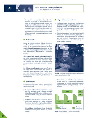 • La empresa transnacional busca lograr el máximo
beneficio localizando sus áreas productivas allá
donde los costes de producción sean mínimos; bien
porque las industrias se encuentren cerca de las
materias primas, bien porque la mano de obra sea
barata y con baja conflictividad laboral; bien por-
que las condiciones de implantación sean muy
favorables (bajos impuestos, flexibilidad laboral,
infraestructuras de comunicación y transporte muy
favorables).
Su desarrollo
Aunque sus orígenes remotos se sitúan en el comienzo
de la Revolución Industrial, ha sido durante el siglo XX
cuando se ha producido su espectacular desarrollo.
Durante finales del siglo XIX y primeros años del siglo
XX se fueron creando los grandes oligopolios en sectores
como la automoción, la alimentación o la industria
petrolera.
Desde el final de la Segunda Guerra Mundial, Esta-
dos Unidos jugó un papel decisivo en el desarrollo de
este tipo de empresas. A partir de entonces se empie-
zan a presentar en el mundo como organizadores capa-
ces de controlar la economía, la tecnología y los capi-
tales.
Las últimas cuatro décadas han sido la confirmación
del poder de las transnacionales. Han surgido un
importante número de ellas en Europa y Japón, debido
sobre todo al desarrollo espectacular de un sistema
financiero mundial poderosísimo, controlado por las
transnacionales.
Su estructura
Las transnacionales cuentan en líneas generales con la
siguiente estructura:
• La empresa matriz centraliza la propiedad y el con-
trol de las decisiones de todo el grupo de sociedades
(véase Esquema 1.5). Se suelen instalar en países
industrializados de Europa, en Japón o en Estados
Unidos.
• Las filiales están situadas en países donde obtienen
ventajas para la producción o para su instalación.
Unas veces se asientan en países desarrollados y
otras en países en vías de desarrollo.
• Las sociedades financieras gestionan el capital de
las transnacionales y están ubicadas en paraísos
fiscales.
Algunas de sus características
1. Las transnacionales controlan una importantísima
parte de la tecnología mundial y la transfieren a aque-
llos países en donde instalan sus plantas de produc-
ción. Tienen importantes departamentos de Investi-
gación, Desarrollo e innovación (I+D+i).
2. El control de una parte importantísima del capital
mundial, las finanzas, la tecnología, el comercio, la
producción de productos y servicios les confiere un
gran poder político. Se dice que algunas de ellas son
mucho más poderosas que los gobiernos de algunos
países donde se establecen.
3. En la actualidad son criticadas por algunos sectores
sociales, puesto que al controlar tanto poder produ-
cen abusos en sus zonas de implantación respecto
al patrimonio de los países y con relación a los tra-
bajadores.
1. La empresa y su organización
1.3 La clasificación de las empresas
01
20
Fig. 1.4. La mano de obra barata caracteriza la producción
de las empresas transnacionales.
Gráfico 1.1. Estructura de la empresa multinacional.
Matriz
U.P. U.P. U.P.
E.F.
E.F.
E.F.
U.P.
Unidades
productivas
Entidades
financieras
 