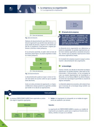 Hablamos de descentralización para referirnos a un sis-
tema de organización que permite tomar decisiones a un
grupo amplio de personas u órganos en las materias pro-
pias de su competencia. Estas personas u órganos per-
tenecen a distintos niveles jerárquicos.
En la estructura piramidal, el poder sobre la toma de
decisiones (véase Figura 1.9) estaría repartido en todos
los niveles jerárquicos.
La descentralización puede ser mayor o menor en fun-
ción del número de asuntos sobre los que se pueden
tomar decisiones.
Junto con estos principios de organización, es impres-
cindible tener siempre presente las siguientes variables
que inciden en la vida de las organizaciones:
El tamaño de la empresa
La dimensión de la organización va a determinar su
grado de complejidad. Las grandes organizaciones sue-
len tener sistemas organizativos claramente estructura-
dos, mientras que las pequeñas organizaciones tienen
estructuras organizativas simples.
En el tamaño de la empresa se pone en juego la centra-
lización o descentralización de la organización.
La tecnología
Estamos viviendo unas décadas de desarrollo tecnológico
espectacular. Las grandes empresas, sobre todo las mul-
tinacionales o transnacionales, se han encargado de
crear sus propios departamentos de Investigación y
Desarrollo, son los famosos I+D. En los últimos tiempos,
el control de la tecnología ha permitido la creación de
algunos monopolios.
La dimensión global de la economía y del comercio hace
que el transvase de la tecnología tenga también una
dimensión mundial.
1. La empresa y su organización
1.4 La organización empresarial
01
26
• Tamaño
• Tecnología
• Entorno
La empresa CONFECCIONES SUÁREZ tiene organizada su produc-
ción según el siguiente organigrama:
• Señala si el organigrama se corresponde con un modelo de organi-
zación por propósito o por proceso.
Solución:
La organización de CONFECCIONES SUÁREZ se ajusta a un modelo de
organización por propósito, puesto que se organiza en función de los
bienes y clientes a los que se va a atender.
6
Caso práctico
Fig. 1.8. Centralización.
Fig. 1.9. Descentralización.
TD
TD
Dirección
Ropa
caballero
Ropa
señora
Ropa
niño y niña
TD
TD
TD = Toma de decisiones
TD = Toma de decisiones
En sentido general, entendemos por
tamaño de la empresa el número de per-
sonas que integran la organización. En
sentido específico, entendemos por
tamaño el número de personas que inte-
gran cada grupo de trabajo.
 