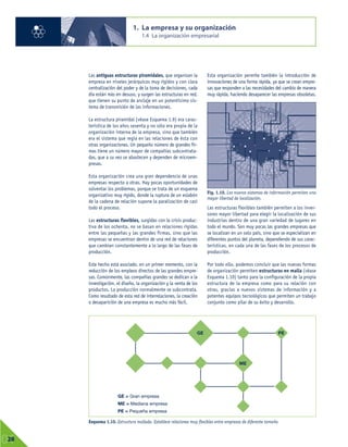 Las antiguas estructuras piramidales, que organizan la
empresa en niveles jerárquicos muy rígidos y con clara
centralización del poder y de la toma de decisiones, cada
día están más en desuso, y surgen las estructuras en red,
que tienen su punto de anclaje en un potentísimo sis-
tema de transmisión de las informaciones.
La estructura piramidal (véase Esquema 1.9) era carac-
terística de los años sesenta y no sólo era propia de la
organización interna de la empresa, sino que también
era el sistema que regía en las relaciones de ésta con
otras organizaciones. Un pequeño número de grandes fir-
mas tiene un número mayor de compañías subcontrata-
das, que a su vez se abastecen y dependen de microem-
presas.
Esta organización crea una gran dependencia de unas
empresas respecto a otras. Hay pocas oportunidades de
solventar los problemas, porque se trata de un esquema
organizativo muy rígido, donde la ruptura de un eslabón
de la cadena de relación supone la paralización de casi
todo el proceso.
Las estructuras flexibles, surgidas con la crisis produc-
tiva de los ochenta, no se basan en relaciones rígidas
entre las pequeñas y las grandes firmas, sino que las
empresas se encuentran dentro de una red de relaciones
que cambian constantemente a lo largo de las fases de
producción.
Este hecho está asociado, en un primer momento, con la
reducción de los empleos directos de las grandes empre-
sas. Comúnmente, las compañías grandes se dedican a la
investigación, el diseño, la organización y la venta de los
productos. La producción normalmente se subcontrata.
Como resultado de esta red de interrelaciones, la creación
o desaparición de una empresa es mucho más fácil.
Esta organización permite también la introducción de
innovaciones de una forma rápida, ya que se crean empre-
sas que responden a las necesidades del cambio de manera
muy rápida, haciendo desaparecer las empresas obsoletas.
Las estructuras flexibles también permiten a los inver-
sores mayor libertad para elegir la localización de sus
industrias dentro de una gran variedad de lugares en
todo el mundo. Son muy pocas las grandes empresas que
se localizan en un solo país, sino que se especializan en
diferentes puntos del planeta, dependiendo de sus carac-
terísticas, en cada una de las fases de los procesos de
producción.
Por todo ello, podemos concluir que las nuevas formas
de organización permiten estructuras en malla (véase
Esquema 1.10) tanto para la configuración de la propia
estructura de la empresa como para su relación con
otras, gracias a nuevos sistemas de información y a
potentes equipos tecnológicos que permiten un trabajo
conjunto como pilar de su éxito y desarrollo.
1. La empresa y su organización
1.4 La organización empresarial
01
28
Esquema 1.10. Estructura mallada. Establece relaciones muy flexibles entre empresas de diferente tamaño.
Fig. 1.10. Los nuevos sistemas de información permiten una
mayor libertad de localización.
GE PE
ME
GE = Gran empresa
ME = Mediana empresa
PE = Pequeña empresa
 