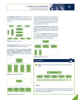 Los organigramas circulares (véase Esquema 1.13) se
caracterizan por situar en el centro los puestos de
mayor autoridad, avanzando hacia fuera los de menor
autoridad.
El organigrama oficial representa la estructura que
deriva de los propios estatutos de la empresa.
En los siguientes gráficos se puede apreciar un organi-
grama funcional, un organigrama por productos o ser-
vicios y un organigrama lineal. Cada uno de ellos repre-
senta una manera distinta de concebir la organización
de la empresa.
El primero de ellos representa una forma de organizar la
estructura, tomando como referencia las diferentes acti-
vidades que son necesarias para desarrollar el fin de la
empresa. Esta forma de estructurar (véase Esque-
ma 1.14) conlleva la necesidad de colocar en cada fun-
ción a especialistas en la materia.
La organización por productos o servicios (véase
Esquema 1.15) tiene como criterio esencial crear
departamentos independientes para la gestión de los
distintos productos o servicios que crea o presta la
empresa.
Y por último, la organización lineal (véase Esque-
ma 1.16) pone de manifiesto una estructura simple que
concentra el poder en los puestos superiores, delegán-
dose responsabilidades de forma descendente.
1. La empresa y su organización
1.6 La representación de la empresa
por medio de sus organigramas
01
35
Indica qué tipo de organización tiene esta empresa en función de su organi-
grama.
Solución:
La empresa presenta un organigrama vertical diseñado por productos o servicios. Se
puede apreciar que es una empresa dedicada al Sector Comercio y que crea un depar-
tamento por cada producto que vende.
8
Caso práctico
Esquema 1.13. Organigrama circular.
Esquema 1.16. Organigrama lineal.
Esquema 1.14. Organigrama funcional.
Esquema 1.15. Organigrama por productos.
Operario
Operario
Operario
Encargado
de Ventas
Presidente
Encargado
de Producción
Encargado
de
Compras
Operario
Obrero Obrero
Director
General
Director
Director
Director general
Dpto.
Perfumería
Dpto. Ropa
Señora
Dpto. Ropa
Caballero
Dpto. Ropa
Niño
Dpto. de
Deportes
Encargado
producto
A
Encargado
de Compras
Encargado
de Ventas
Encargado
de RR.HH.
Sección
1
Sección
2
Encargado
producto
B
Encargado
producto
C
Encargado
producto
D
Director
de
Planificación
Director
de
Administración
Director
de
Financiación
Director
de
Producción
Obrero Obrero
 
