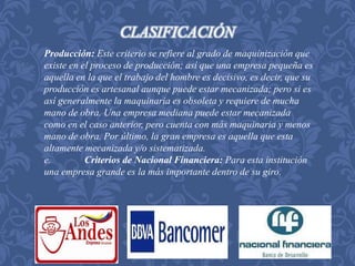 CLASIFICACIÓN 
Producción: Este criterio se refiere al grado de maquinización que 
existe en el proceso de producción; así que una empresa pequeña es 
aquella en la que el trabajo del hombre es decisivo, es decir, que su 
producción es artesanal aunque puede estar mecanizada; pero si es 
así generalmente la maquinaria es obsoleta y requiere de mucha 
mano de obra. Una empresa mediana puede estar mecanizada 
como en el caso anterior, pero cuenta con más maquinaria y menos 
mano de obra. Por último, la gran empresa es aquella que esta 
altamente mecanizada y/o sistematizada. 
e. Criterios de Nacional Financiera: Para esta institución 
una empresa grande es la más importante dentro de su giro. 
 