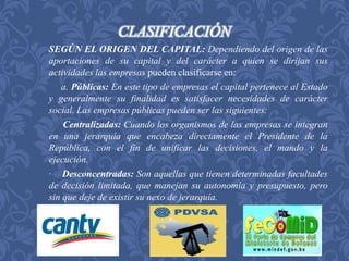 CLASIFICACIÓN 
SEGÚN EL ORIGEN DEL CAPITAL: Dependiendo del origen de las 
aportaciones de su capital y del carácter a quien se dirijan sus 
actividades las empresas pueden clasificarse en: 
a. Públicas: En este tipo de empresas el capital pertenece al Estado 
y generalmente su finalidad es satisfacer necesidades de carácter 
social. Las empresas públicas pueden ser las siguientes: 
Centralizadas: Cuando los organismos de las empresas se integran 
en una jerarquía que encabeza directamente el Presidente de la 
República, con el fin de unificar las decisiones, el mando y la 
ejecución. 
· Desconcentradas: Son aquellas que tienen determinadas facultades 
de decisión limitada, que manejan su autonomía y presupuesto, pero 
sin que deje de existir su nexo de jerarquía. 
 