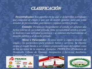 CLASIFICACIÓN 
· Descentralizadas: Son aquellas en las que se desarrollan actividades 
que competen al estado y que son de interés general, pero que están 
dotadas de personalidad, patrimonio y régimen jurídico propio. 
· Estatales: Pertenecen íntegramente al estado, no adoptan una 
forma externa de sociedad privada, tiene personalidad jurídica propia, 
se dedican a una actividad económica y se someten alternativamente al 
derecho público y al derecho privado. 
· Mixtas y Paraestatales: En éstas existe la coparticipación del 
estado y los particulares para producir bienes y servicios. Su objetivo 
es que el estado tienda a ser el único propietario tanto del capital como 
de los servicios de la empresa. Ejemplos: PRODUTSA (Promotora de 
Desarrollo Urbano de Tijuana), Aeropuertos y Servicios Auxiliares, 
Caminos y Puentes Federales 
 