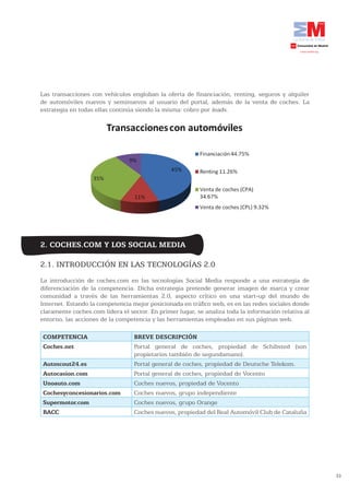 Las transacciones con vehículos engloban la oferta de financiación, renting, seguros y alquiler
de automóviles nuevos y seminuevos al usuario del portal, además de la venta de coches. La
estrategia en todas ellas continúa siendo la misma: cobro por leads.




2. COCHES.COM Y LOS SOCIAL MEDIA

2.1. INTRODUCCIÓN EN LAS TECNOLOGÍAS 2.0
La introducción de coches.com en las tecnologías Social Media responde a una estrategia de
diferenciación de la competencia. Dicha estrategia pretende generar imagen de marca y crear
comunidad a través de las herramientas 2.0, aspecto crítico en una start-up del mundo de
Internet. Estando la competencia mejor posicionada en tráfico web, es en las redes sociales donde
claramente coches.com lidera el sector. En primer lugar, se analiza toda la información relativa al
entorno, las acciones de la competencia y las herramientas empleadas en sus páginas web.

COMPETENCIA                       BREVE DESCRIPCIÓN
Coches.net                        Portal general de coches, propiedad de Schibsted (son
                                  propietarios también de segundamano).
Autoscout24.es                    Portal general de coches, propiedad de Deutsche Telekom.
Autocasion.com                    Portal general de coches, propiedad de Vocento
Unoauto.com                       Coches nuevos, propiedad de Vocento
Cochesyconcesionarios.com         Coches nuevos, grupo independiente
Supermotor.com                    Coches nuevos, grupo Orange
RACC                              Coches nuevos, propiedad del Real Automóvil Club de Cataluña




                                                                                                      33
 