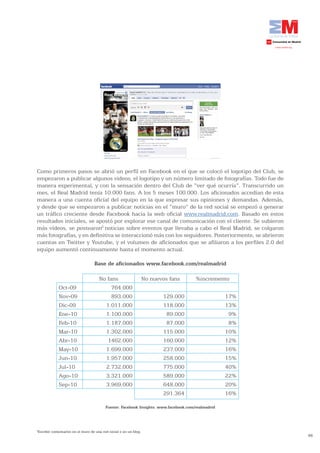Como primeros pasos se abrió un perfil en Facebook en el que se colocó el logotipo del Club, se
empezaron a publicar algunos videos, el logotipo y un número limitado de fotografías. Todo fue de
manera experimental, y con la sensación dentro del Club de “ver qué ocurría”. Transcurrido un
mes, el Real Madrid tenía 10.000 fans. A los 5 meses 100.000. Los aficionados accedían de esta
manera a una cuenta oficial del equipo en la que expresar sus opiniones y demandas. Además,
y desde que se empezaron a publicar noticias en el “muro” de la red social se empezó a generar
un tráfico creciente desde Facebook hacia la web oficial www.realmadrid.com. Basado en estos
resultados iniciales, se apostó por explorar ese canal de comunicación con el cliente. Se subieron
más vídeos, se postearon2 noticias sobre eventos que llevaba a cabo el Real Madrid, se colgaron
más fotografías, y en definitiva se interaccionó más con los seguidores. Posteriormente, se abrieron
cuentas en Twitter y Youtube, y el volumen de aficionados que se afiliaron a los perfiles 2.0 del
equipo aumentó continuamente hasta el momento actual.

                                   Base de aficionados www.facebook.com/realmadrid

                                      No fans                      No nuevos fans     %incremento
             Oct-09                        764.000
             Nov-09                        893.000                        129.000                  17%
             Dic-09                     1.011.000                         118.000                  13%
             Ene-10                     1.100.000                          89.000                   9%
             Feb-10                     1.187.000                          87.000                   8%
             Mar-10                     1.302.000                         115.000                  10%
             Abr-10                      1462.000                         160.000                  12%
             May-10                     1.699.000                         237.000                  16%
             Jun-10                     1.957.000                         258.000                  15%
             Jul-10                     2.732.000                         775.000                  40%
             Ago-10                     3.321.000                         589.000                  22%
             Sep-10                     3.969.000                         648.000                  20%
                                                                          291.364                  16%

                                          Fuente: Facebook Insights. www.facebook.com/realmadrid




2
 Escribir comentarios en el muro de una red social o en un blog.
                                                                                                         46
 