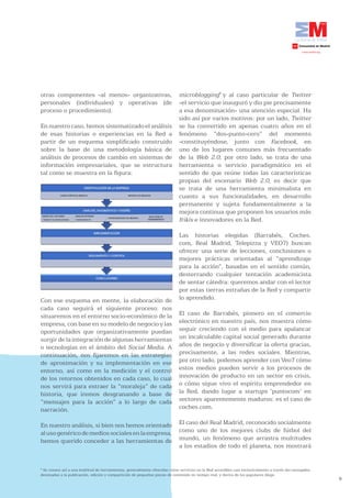 otras componentes -al menos- organizativas,                                 microblogging8 y al caso particular de Twitter
personales (individuales) y operativas (de                                  -el servicio que inauguró y dio pie precisamente
proceso o procedimiento).                                                   a esa denominación- una atención especial. Ha
                                                                            sido así por varios motivos: por un lado, Twitter
En nuestro caso, hemos sistematizado el análisis                            se ha convertido en apenas cuatro años en el
de esas historias o experiencias en la Red a                                fenómeno “dos-punto-cero” del momento
partir de un esquema simplificado construido                                -constituyéndose, junto con Facebook, en
sobre la base de una metodología básica de                                  uno de los lugares comunes más frecuentado
análisis de procesos de cambio en sistemas de                               de la Web 2.0; por otro lado, se trata de una
información empresariales, que se estructura                                herramienta o servicio paradigmático en el
tal como se muestra en la figura:                                           sentido de que reúne todas las características
                                                                            propias del escenario Web 2.0, es decir que
                                                                            se trata de una herramienta minimalista en
                                                                            cuanto a sus funcionalidades, en desarrollo
                                                                            permanente y sujeta fundamentalmente a la
                                                                            mejora continua que proponen los usuarios más
                                                                            frikis e innovadores en la Red.

                                                                            Las historias elegidas (Barrabés, Coches.
                                                                            com, Real Madrid, Telepizza y VEO7) buscan
                                                                            ofrecer una serie de lecciones, conclusiones o
                                                                            mejores prácticas orientadas al “aprendizaje
                                                                            para la acción”, basadas en el sentido común,
                                                                            desterrando cualquier tentación academicista
                                                                            de sentar cátedra: queremos andar con el lector
                                                                            por estas tierras extrañas de la Red y compartir
Con ese esquema en mente, la elaboración de                                 lo aprendido.
cada caso seguirá el siguiente proceso: nos
situaremos en el entorno socio-económico de la                              El caso de Barrabés, pionero en el comercio
empresa, con base en su modelo de negocio y las                             electrónico en nuestro país, nos muestra cómo
oportunidades que organizativamente puedan                                  seguir creciendo con el medio para apalancar
surgir de la integración de algunas herramientas                            un incalculable capital social generado durante
o tecnologías en el ámbito del Social Media. A                              años de negocio y diversificar la oferta gracias,
continuación, nos fijaremos en las estrategias                              precisamente, a las redes sociales. Mientras,
de aproximación y su implementación en ese                                  por otro lado, podemos aprender con Veo7 cómo
entorno, así como en la medición y el control                               estos medios pueden servir a los procesos de
de los retornos obtenidos en cada caso, lo cual                             innovación de producto en un sector en crisis,
nos servirá para extraer la “moraleja” de cada                              o cómo sigue vivo el espíritu emprendedor en
historia, que iremos desgranando a base de                                  la Red, dando lugar a startups ‘puntocom’ en
“mensajes para la acción” a lo largo de cada                                sectores aparentemente maduros: es el caso de
narración.                                                                  coches.com.

En nuestro análisis, si bien nos hemos orientado                            El caso del Real Madrid, reconocido socialmente
al uso genérico de medios sociales en la empresa,                           como uno de los mejores clubs de fútbol del
hemos querido conceder a las herramientas de                                mundo, un fenómeno que arrastra multitudes
                                                                            a los estadios de todo el planeta, nos mostrará


8
 Se conoce así a una multitud de herramientas, generalmente ofrecidas como servicios en la Red accesibles casi exclusivamente a través del navegador,
destinadas a la publicación, edición y compartición de pequeñas piezas de contenido en tiempo real; y deriva de los populares blogs.
                                                                                                                                                        6
 