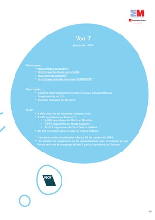 Veo 7
                                            Fundación:	2000




    Direcciones:
	   	      •	http://www.veo.es/veo7/
           •	http://www.facebook.com/veo7tv
           •	http://twitter.com/veo7
           •	http://www.youtube.com/user/CANALVEO7


    Descripción:
           •	Canal	de	televisión	perteneciente	al	grupo	Unidad	Editorial.
           •	Programación	de	24h.
           •	Estudios	ubicados	en	Torrejón.


    Perfil*:
               •	A	965	usuarios	de	Facebook	les	gusta	esto.
               •	3.465	seguidores	en	Twitter**.
                   •	 6.406	seguidores	de	Melchor	Miralles.
                   •	 3.164	seguidores	de	Marta	Simonet.
                   •	 12.571	seguidores	de	Paco	García	Caridad.
               •	26.440	reproducciones	totales	de	vídeos	subidos.

               		*	Los	datos	están	actualizados	a	fecha	18	de	octubre	de	2010.
               **	Se	añaden	los	seguidores	de	los	presentadores	más	relevantes	ya	que	
                  forma parte de la estrategia de Veo7 para su presencia en Twitter.




                                                                                         68
 
