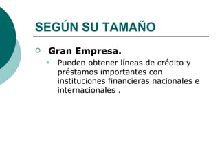 SEGÚN SU TAMAÑO Gran Empresa. Pueden obtener líneas de crédito y préstamos importantes con instituciones financieras nacionales e internacionales . 
