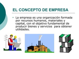 EL CONCEPTO DE EMPRESA La empresa es una organización formada por recursos humanos, materiales y capital, con el objetivo fundamental de producir bienes y servicios  para obtener utilidades. 
