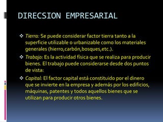 DIRECSION EMPRESARIAL

 Tierra: Se puede considerar factor tierra tanto a la
  superficie utilizable o urbanizable como los materiales
  generales (hierro,carbón,bosques,etc.).
 Trabajo: Es la actividad física que se realiza para producir
  bienes. El trabajo puede considerarse desde dos puntos
  de vista:
 Capital: El factor capital está constituido por el dinero
  que se invierte en la empresa y además por los edificios,
  máquinas, patentes y todos aquellos bienes que se
  utilizan para producir otros bienes.
 