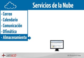 Servicios de la Nube
· Correo
· Calendario
· Comunicación
· Ofimática
· Almacenamiento
 