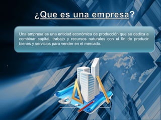 Una empresa es una entidad económica de producción que se dedica a
combinar capital, trabajo y recursos naturales con el fin de producir
bienes y servicios para vender en el mercado.
.
?
 