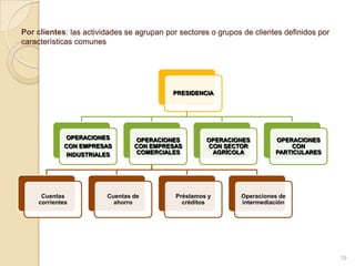 Por clientes: las actividades se agrupan por sectores o grupos de clientes definidos por
características comunes




                                           PRESIDENCIA




            OPERACIONES         OPERACIONES          OPERACIONES        OPERACIONES
            CON EMPRESAS        CON EMPRESAS         CON SECTOR             CON
            INDUSTRIALES        COMERCIALES           AGRÍCOLA          PARTICULARES




     Cuentas            Cuentas de          Préstamos y       Operaciones de
    corrientes            ahorro              créditos        intermediación




                                                                                           19
 