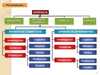 Por productos

                  GERENCIA

                 RECURSOS       FINANZAS         COMPRAS
MÁRKETING
                 HUMANOS



  DIVISIÓN DE COSMÉTICOS        DIVISIÓN DE DETERGENTES


Investigación      Logística   Investigación    Logística

                   Almacén      Comercial       Almacén
  Comercial
                    Ventas                       Ventas
 Producción
                  Producción   Producción      Producción
                   Control
                                                Control

                                                            20
 