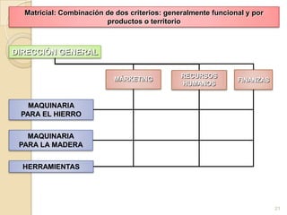Matricial: Combinación de dos criterios: generalmente funcional y por
                         productos o territorio



DIRECCIÓN GENERAL

                                               RECURSOS
                           MÁRKETING                           FINANZAS
                                               HUMANOS


   MAQUINARIA
 PARA EL HIERRO


   MAQUINARIA
 PARA LA MADERA


  HERRAMIENTAS




                                                                          21
 