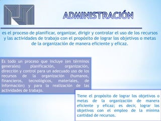 es el proceso de planificar, organizar, dirigir y controlar el uso de los recursos
y las actividades de trabajo con el propósito de lograr los objetivos o metas
de la organización de manera eficiente y eficaz.
Es todo un proceso que incluye (en términos
generales) planificación, organización,
dirección y control para un adecuado uso de los
recursos de la organización (humanos,
financieros, tecnológicos, materiales, de
información) y para la realización de las
actividades de trabajo.
Tiene el propósito de lograr los objetivos o
metas de la organización de manera
eficiente y eficaz; es decir, lograr los
objetivos con el empleo de la mínima
cantidad de recursos.
 