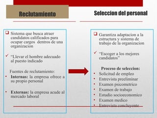 Reclutamiento
 Sistema que busca atraer
candidatos calificados para
ocupar cargos dentros de una
organizacion
 “Llevar el hombre adecuado
al puesto indicado
Fuentes de reclutamiento:
• Internas: la empresa ofrece a
su propio personal
• Externas: la empresa acude al
mercado laboral
Seleccion del personal
 Garantiza adaptacion a la
estructura y sistema de
trabajo de la organizacion
 “Escoger a los mejores
candidatos”
Proceso de seleccion:
• Solicitud de empleo
• Entrevista preeliminar
• Examen psicometrico
• Examen de trabajo
• Estudio socioeconomico
• Examen medico
• Entrevista concluyente
 