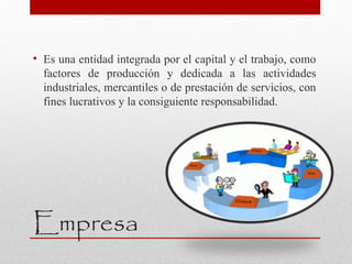Empresa
• Es una entidad integrada por el capital y el trabajo, como
factores de producción y dedicada a las actividades
industriales, mercantiles o de prestación de servicios, con
fines lucrativos y la consiguiente responsabilidad.
 