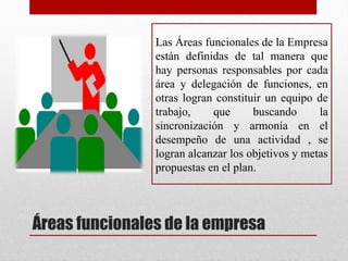 Las Áreas funcionales de la Empresa
están definidas de tal manera que
hay personas responsables por cada
área y delegación de funciones, en
otras logran constituir un equipo de
trabajo, que buscando la
sincronización y armonía en el
desempeño de una actividad , se
logran alcanzar los objetivos y metas
propuestas en el plan.
Áreas funcionales de la empresa
 